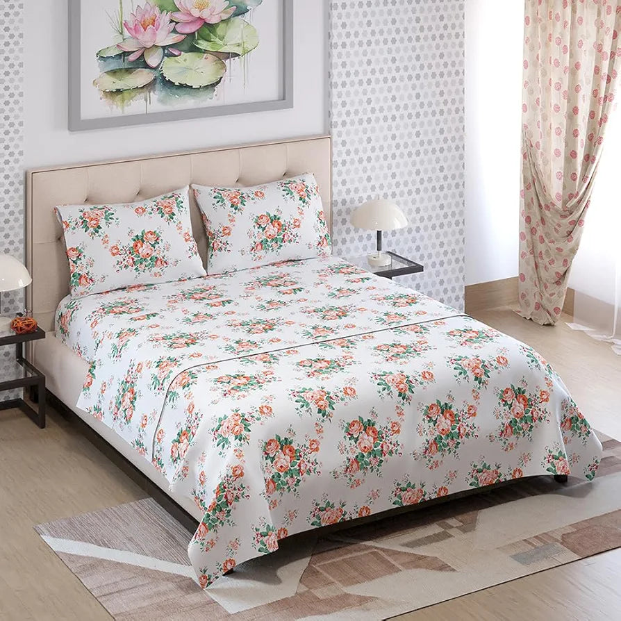 Zen Cotton Blend King Bedsheet Set  | 1 King Cotton Bedsheet & 2 Pillow Covers | Breathable & Anti-Wrinkle | 225 CVC | 