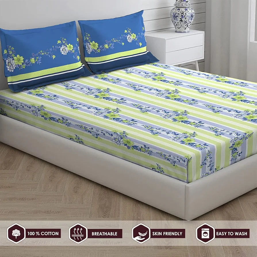 Layers Pavia 100% Cotton Bedsheet Set for All Seasons - Lightweight, Moisture Absorbent, Machine Washable & Easy to Care - Gift for Housewarming & More - 104 TC - Queen Size 