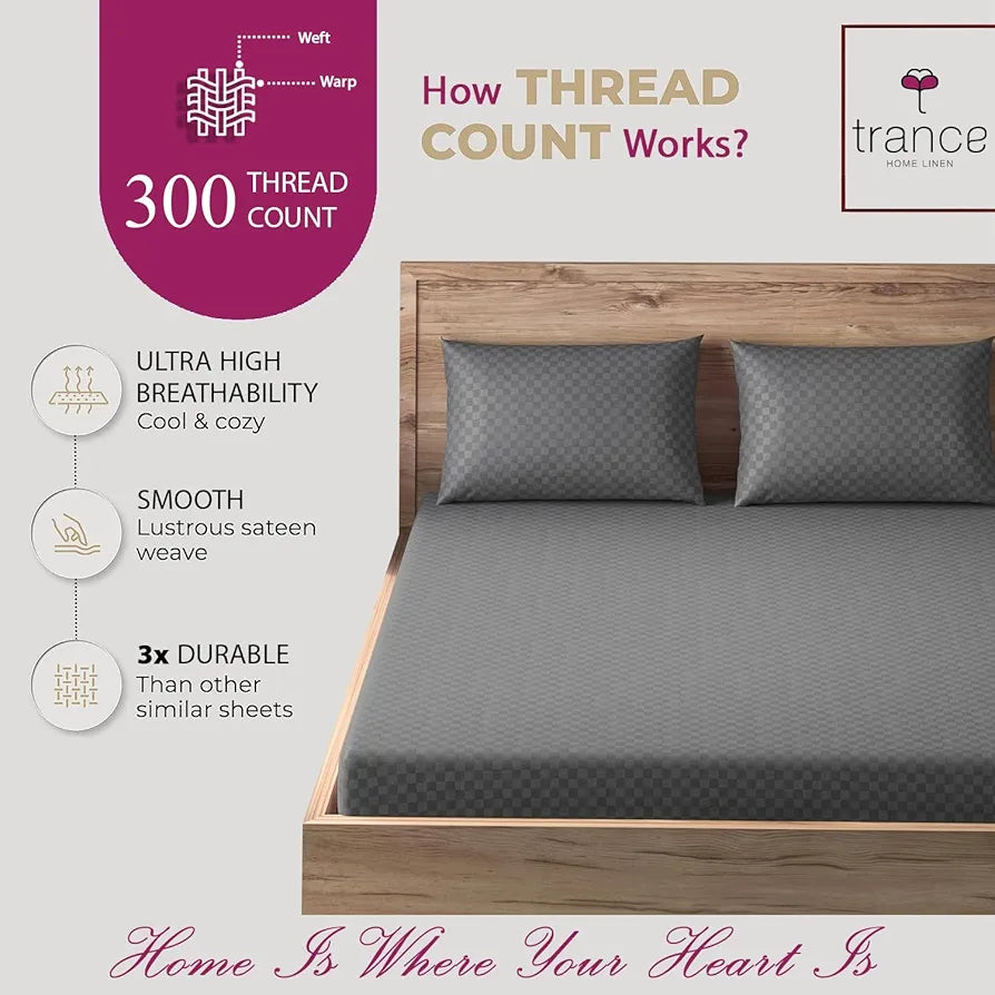 Trance Home Linen Skin Friendly 100% Cotton Jacquard Weave Fitted Bedsheet for Queen Size Bed with 2 Pillow Cover - Premium 300TC 