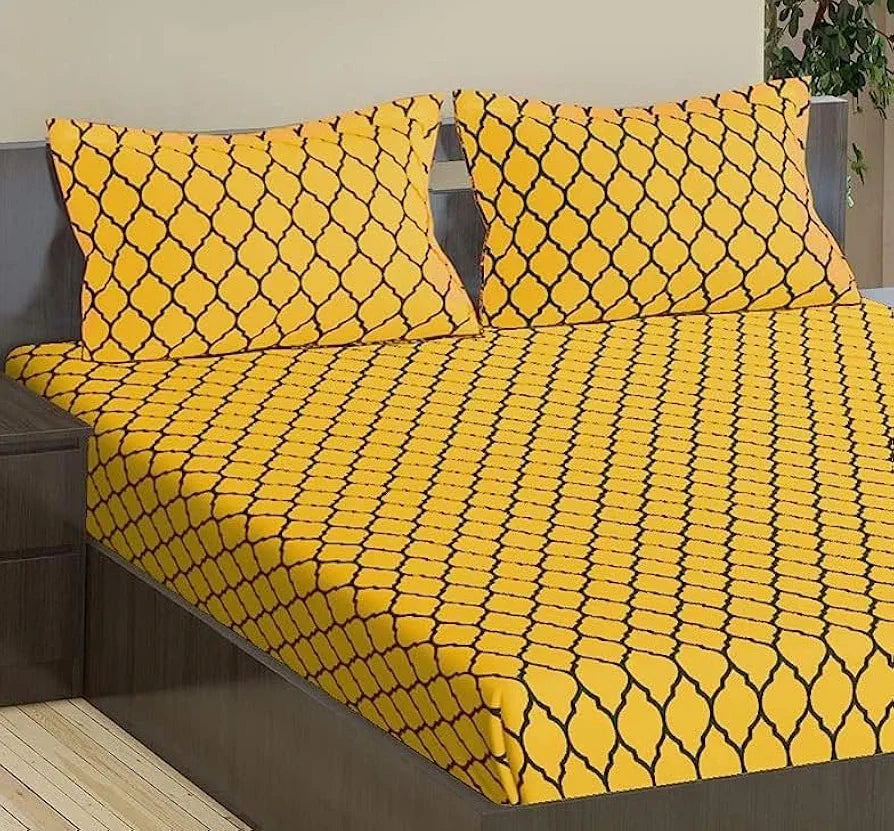 Trance Home Linen 200TC 100% Cotton Queen Size Elastic Fitted Bedsheet | Bedsheet for Queen Size Bed | Printed Elasticated Fitted Bedspread with 2 Pillow Covers 