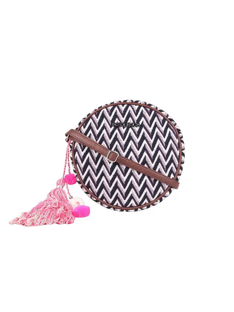 ASTRID Women's Cotton Round Sling Bag with Pompom Tassels 