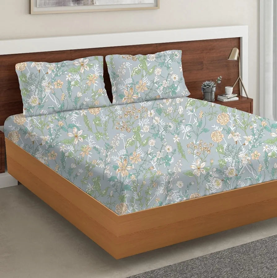 Trance Home Linen Skin Friendly 100% Cotton Printed Fitted Bedsheet for Queen Size Bed with 2 Pillow Cover - Premium 180TC 