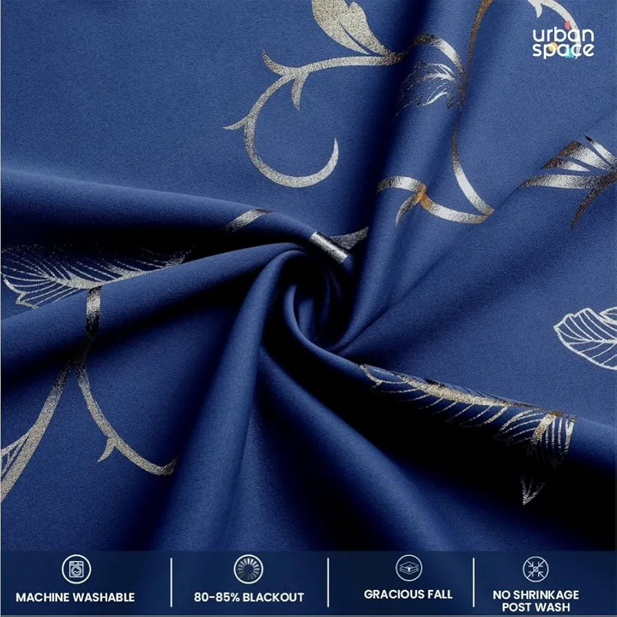Urban Space Pure Blackout Opaque Curtains For Living Room, Gold Foil Printed Luxurious 80-85% Blackout Opaque Curtains Eyelet With Tieback, 1 Piece Pack, Vine Navy Blue 
