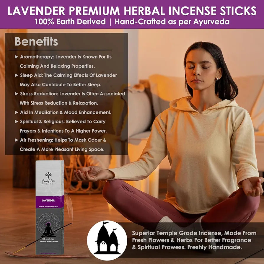 Simply Vedic Lavender Incense Sticks with Holder – 135 Handmade Charcoal-Free Agarbatti | Natural Essential Oil Aromatherapy for Meditation, Yoga, Pooja, Relaxation – 45 Min Burn, Gift Set