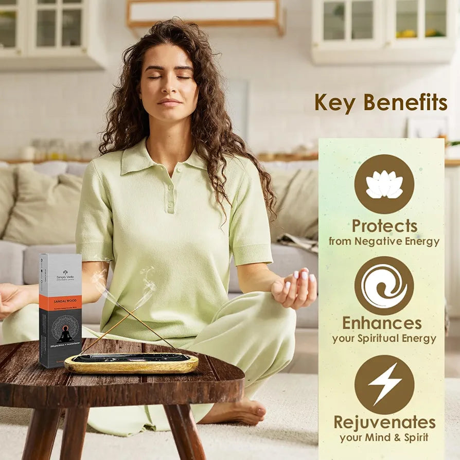 Simply Vedic Sandalwood Incense Sticks 250g  with Free Holder | 45 Min Burn | Natural Charcoal-Free Agarbatti for Meditation, Yoga, Aromatherapy, Relaxation