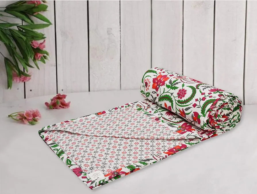 Trance Home Linen Pure Cotton Reversible Dohar Single Bed Size | AC Blanket Comforter | Soft Light-Weight Bed Blanket | TC - 200