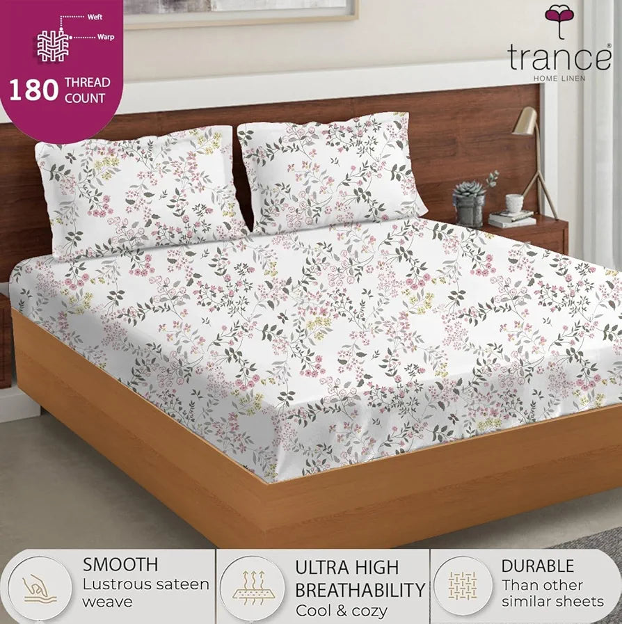 Trance Home Linen Skin Friendly 100% Cotton Printed Fitted Bedsheet for Queen Size Bed with 2 Pillow Cover - Premium 180TC 