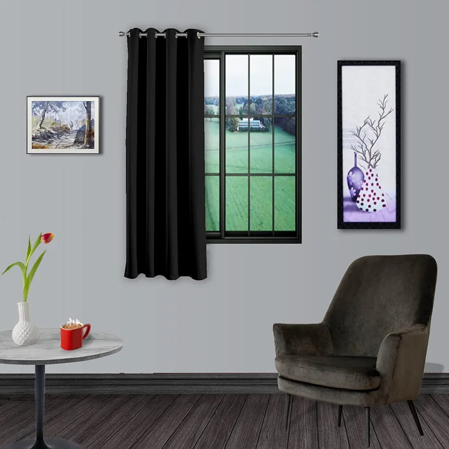Divine Casa 5 Feet Super Satin Semi Blackout Window Curtains | Jet Black, Set of 2 with Curtain Holder | Light Filtering Drapes for Home & Office