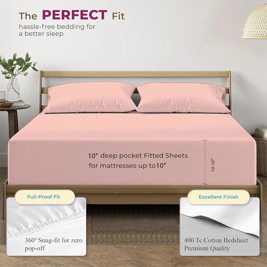 Trance Home Linen 100% Cotton 78x72 inch King Elastic Fitted Bedsheet | 400TC Soft Durable Plain Fitted Elastic Bed Sheet with 2 Pillow Covers 