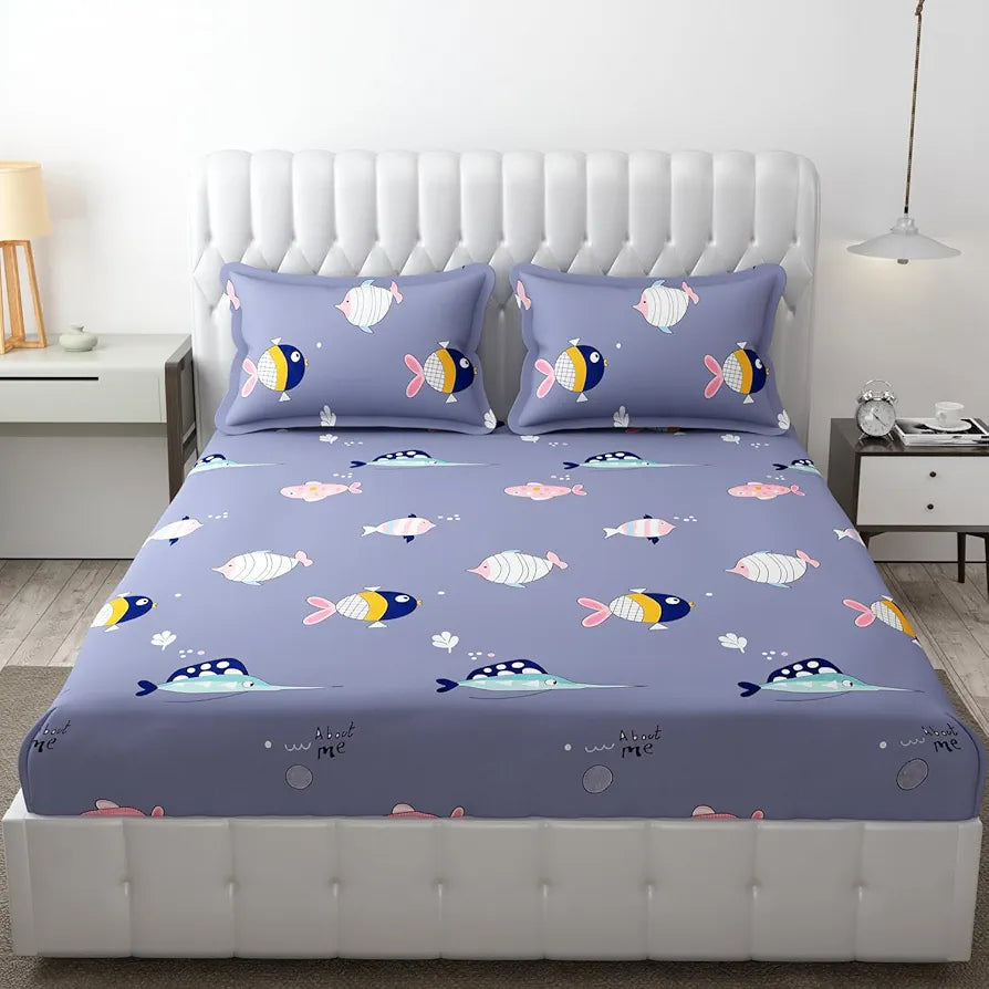FRESH FROM LOOM Glace Cotton Wrinkle Free Soft Hypoallergenic Bed Sheet | Cartoon Printed Double Bedsheets King Size with 2 Pillow Cover 144 TC