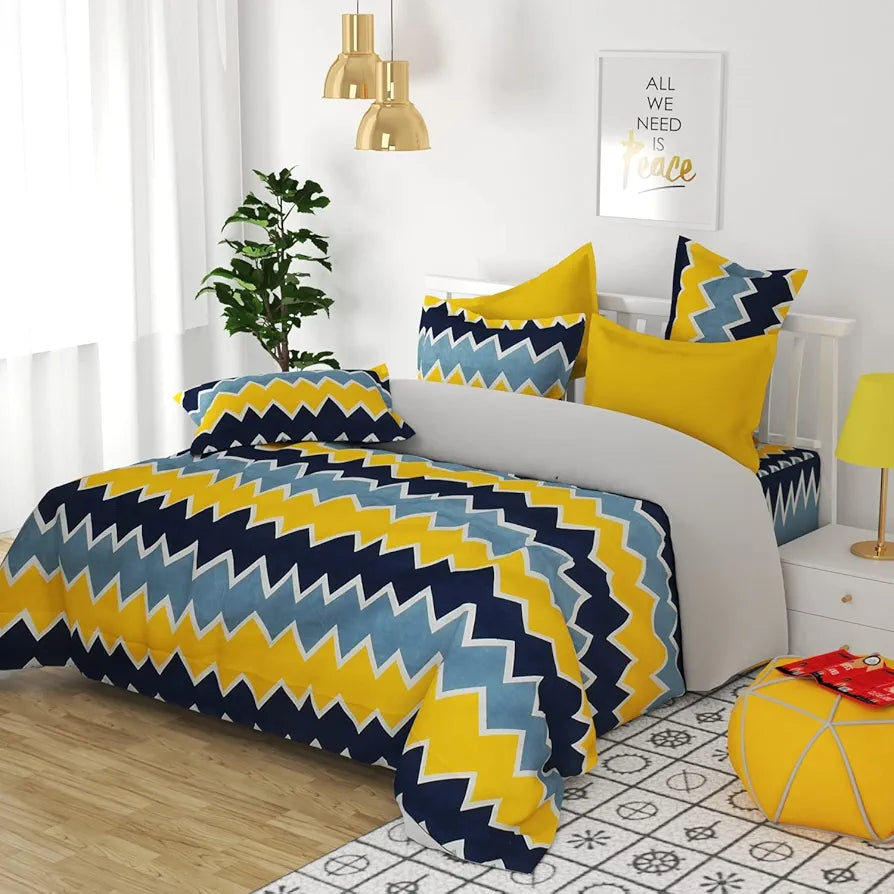 HOMEKART 100% Microfiber bedsheet for Double Bed with 2 Pillow Covers Breathable | Wrinklefree and Soft Touch 144 TC Pattren Zigzag Yellow and Grey| TC - 144