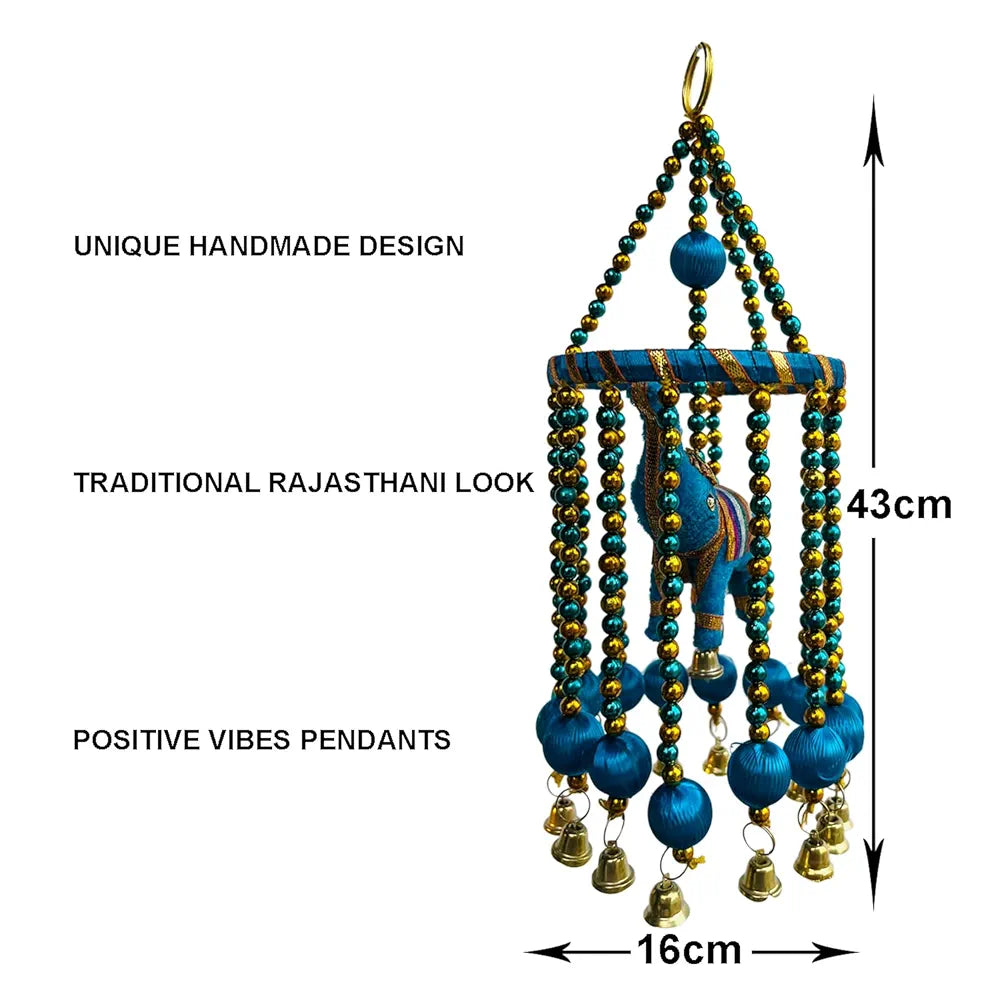Kuber Industries Rajasthani Traditional Windchimes|Hanging Ring Elephants with Bells|Polyester Handcrafted Latkan|Decorative Door Hanging Latkan 