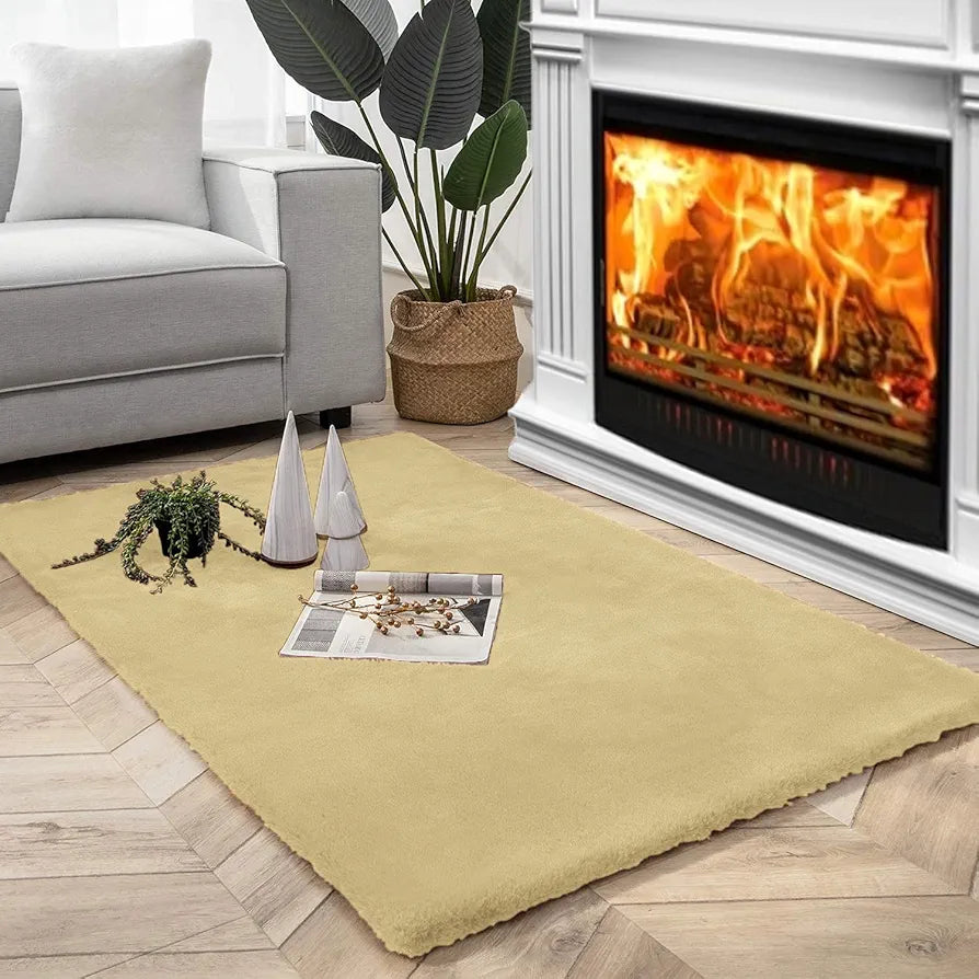 LUXE HOME INTERNATIONAL Ruffle Floor Rug Rabbit Fur 1000 Gsm Living Room Foot Mats Anti Skid Water Absorbent Easy Machine Washable Rectangular Rug For Bedroom|Floor|4 X 6 Ft|Gold|Pack Of 1