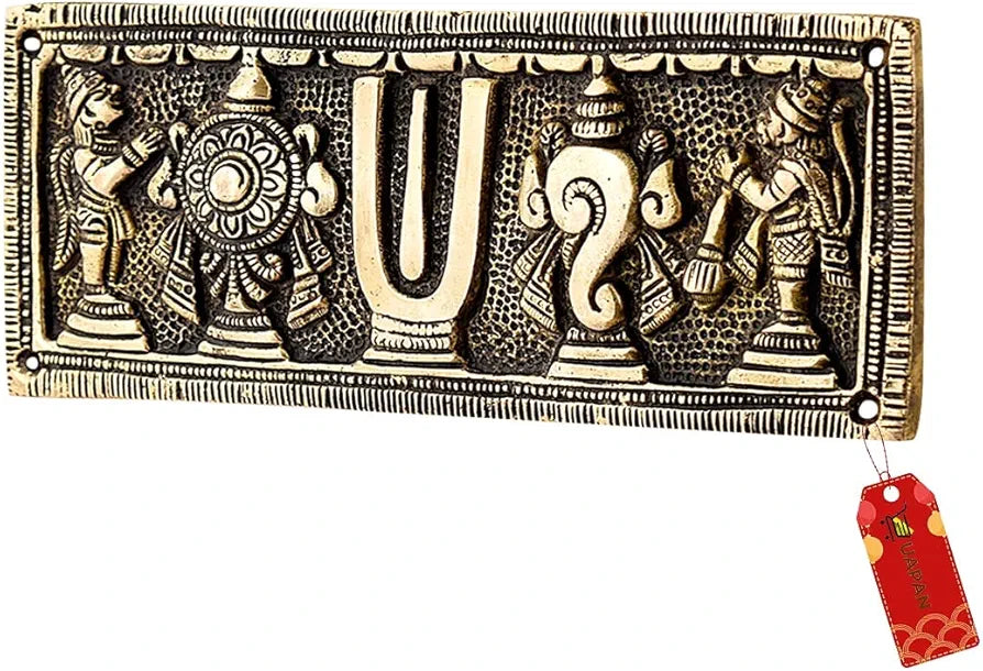 UAPAN Brass Tirupati Balaji shankh Chakra Namah Plate Pure Brass Gold Plated Big Version for Wall & Door