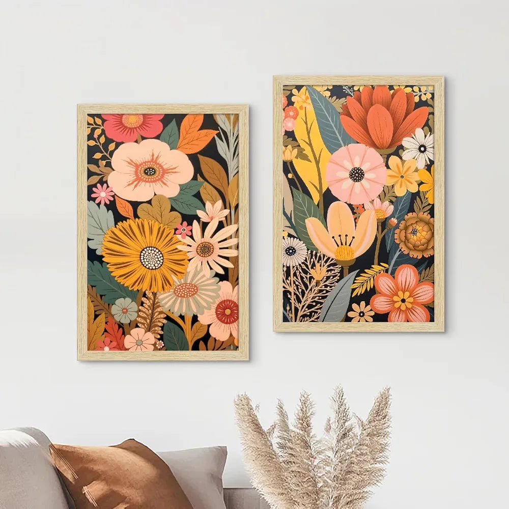 ArtX Paper Boho Art Paintings with Frame for Home Decor, Floral Wall Painting for Living Room, Multicolor, Natural Wood Color Frames, Set of 2