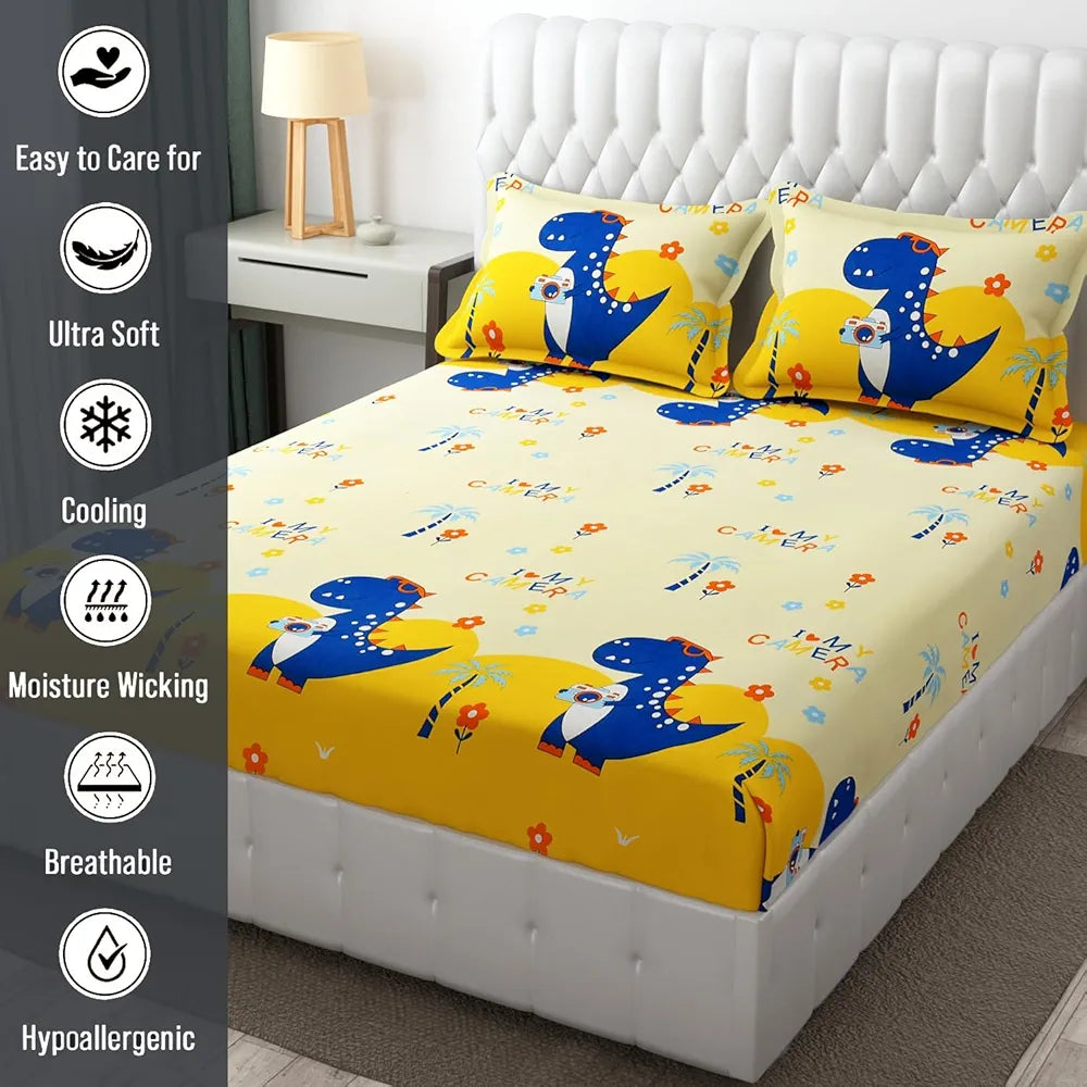 FRESH FROM LOOM Glace Cotton Wrinkle Free Soft Hypoallergenic Elastic Fitted Bed Sheet|Cartoon Printed|Bedsheet For Kids Room|Dino),144 Tc,Multicolor,Double Bed