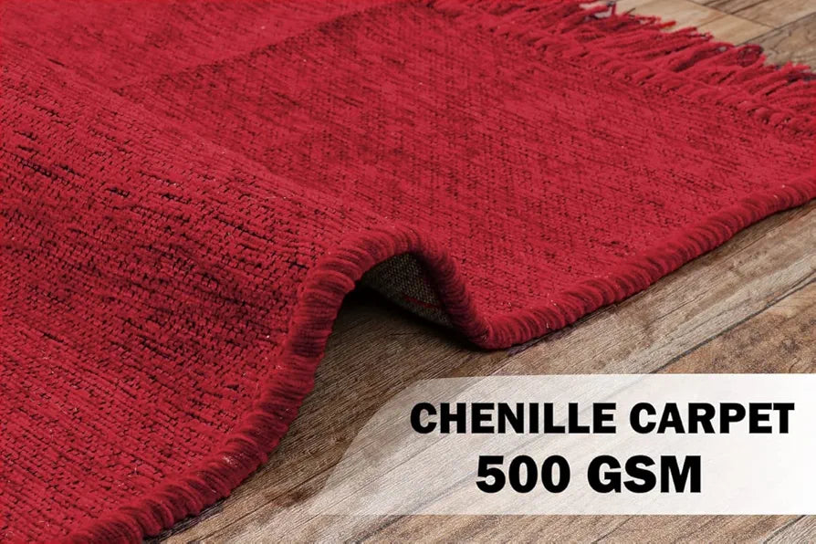 BSB HOME Designer Superfine Chenille Carpet | 500 GSM Velvet Carpet/Area Rug/Durries with Fine Gold Yarn for Living Room, Bedroom, Runner| 150x210 cm or 5x7 ft, Red