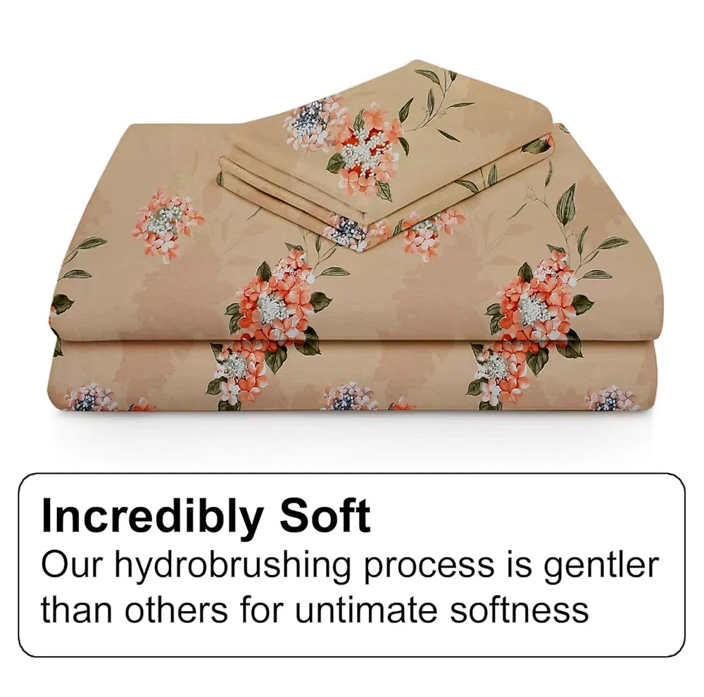 Fresh From Loom Hypoallergenic Floral Print Fitted King Size Bedsheet with 2 Pillow Covers - Microfiber, 240 TC | Beige, Floral Design)