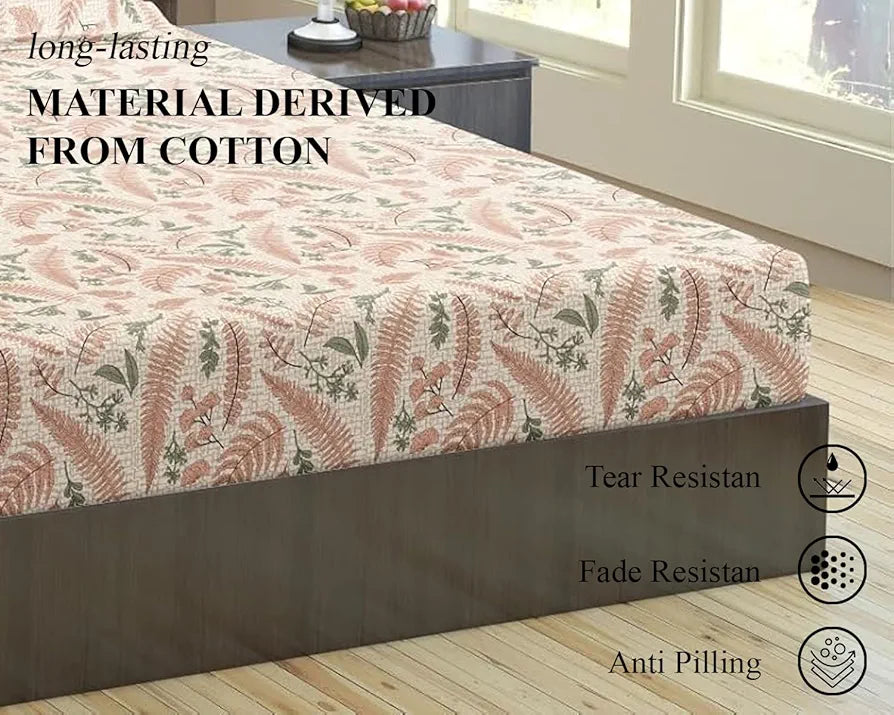 Trance Home Linen 100% Cotton 144Tc Elastic Fitted Bedsheet | Printed Queen Bed Size Elasticated Fitted Bedspread with 2 Pillow Covers 