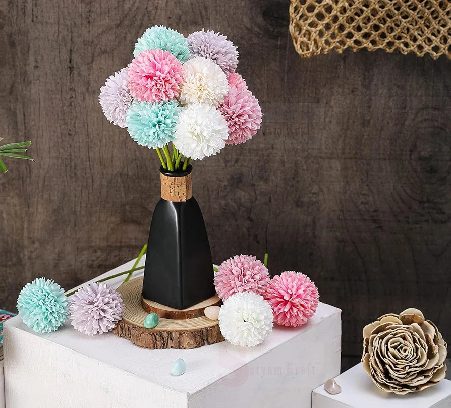 SATYAM KRAFT 5 Pcs Artificial Chrysanthemum Ball Flowers Fabric Small Flower Sticks Bouquet for Home Decor, Office, Living Room, Bedroom, Table, Wedding Decoration Item 