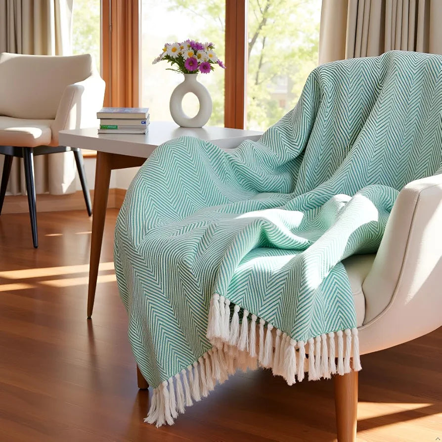 SAJAVAT HOME Hand-Knitted Pure Cotton 3 Seater Sofa Throw | 80x52 Inches/204x132 Cm | Green Throw for Sofa, Bed, Chair & Travel - Ideal for All Season | Pack of 1