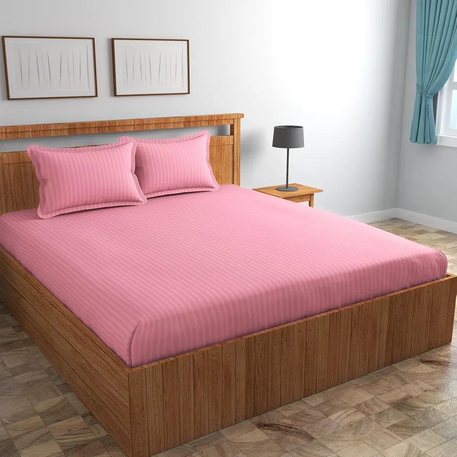Homefab India 160 TC Stripe Glace Cotton Double BedSheet with 2 Pillow Covers -  - Baby Pink