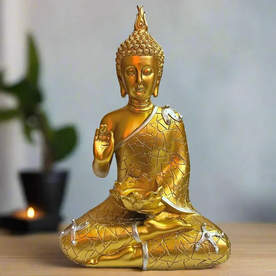 ALILA Golden Meditating Buddha Statue Idol for Home Living Room Decor Office Corporate Gift, 9 Inches