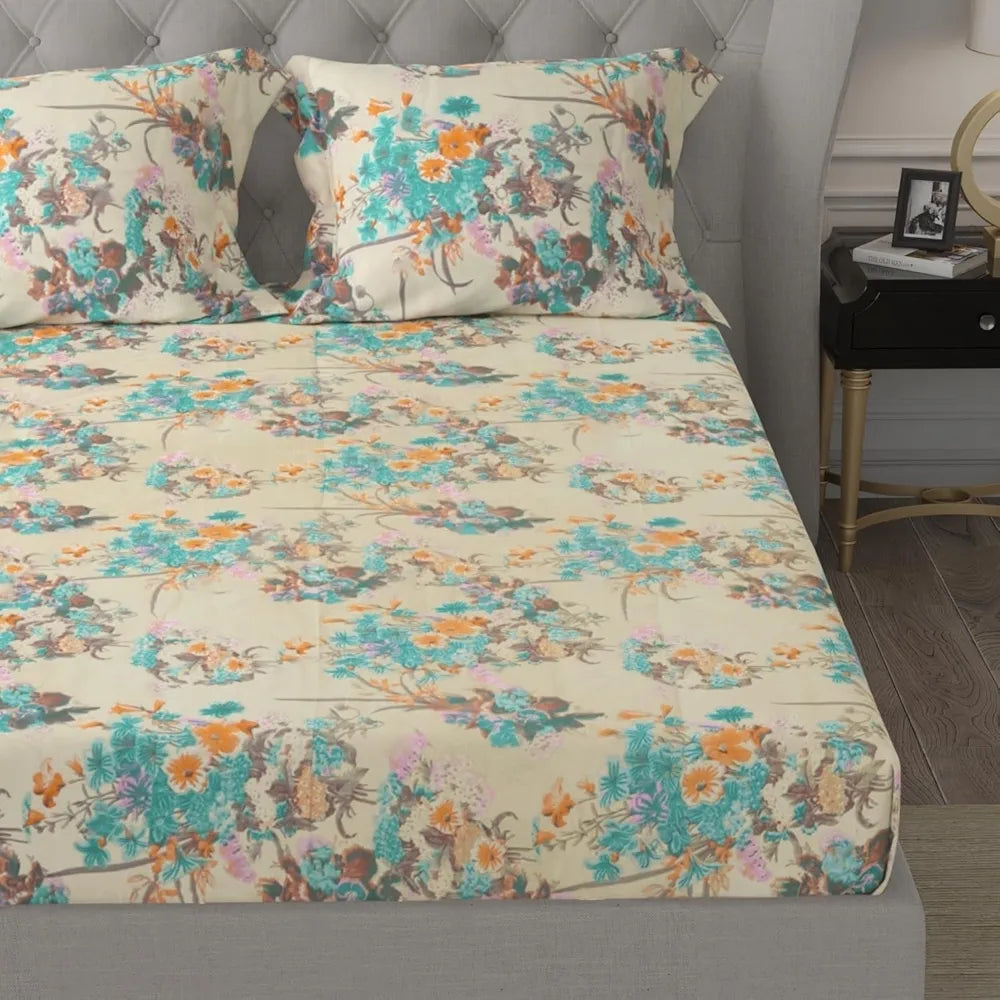 Cloth Fusion Glace Cotton Elastic Fitted Bedsheet for Double Bed King Size with 2 Pillow Covers, Soft Wrinkle Free Elastic Bedsheets for King Size Bed 