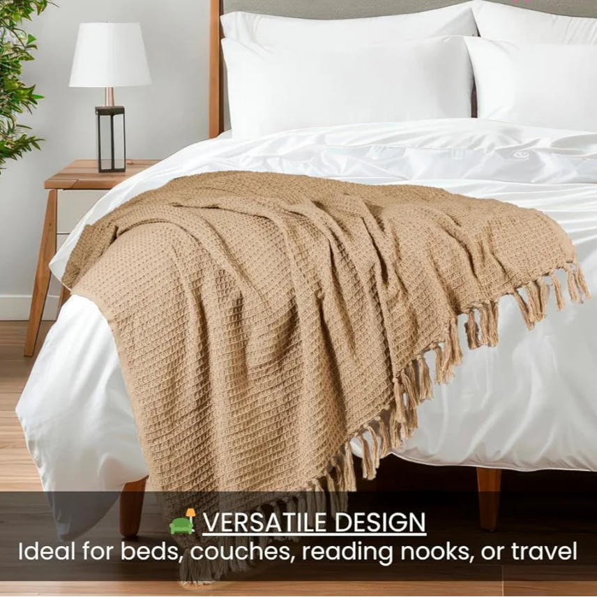 HOMADORN Waffle Weave Cotton Throw Blanket – Lightweight, Breathable & Cozy for Sofa or Bed  Beige