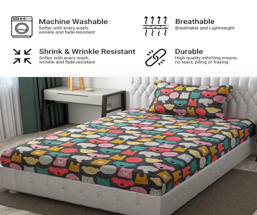 FRESH FROM LOOM Glace Cotton Wrinkle Free Soft Hypoallergenic Bed Sheet | Cartoon Printed Single Bedsheet With One Pillow Cover For Kids , 144 tc