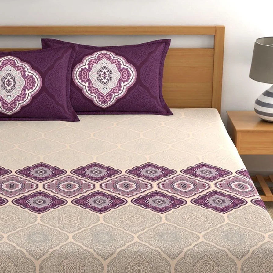 Dreamscape 140 TC 100% Cotton Double Printed Bedsheet with 2 Pillow Covers - 