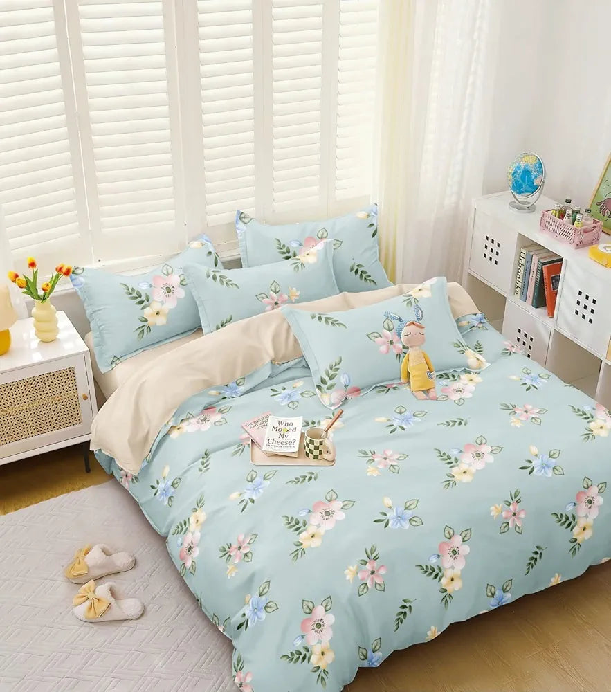 THE HOME STYLE 300 TC Cotton Feel Glace Cotton All Around Elastic Fitted Printed King Size Double Bed Bedsheet with 2 Pillow Cover 