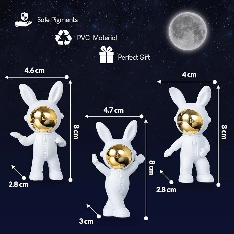 Street27® 3pcs Cartoon Rabbit Shape Astronaut Figurine Showpiece for Car Dashboard, Idols for Decoration, Cake, Office Desk & Study Table Gifts for Kids Boys Girls 