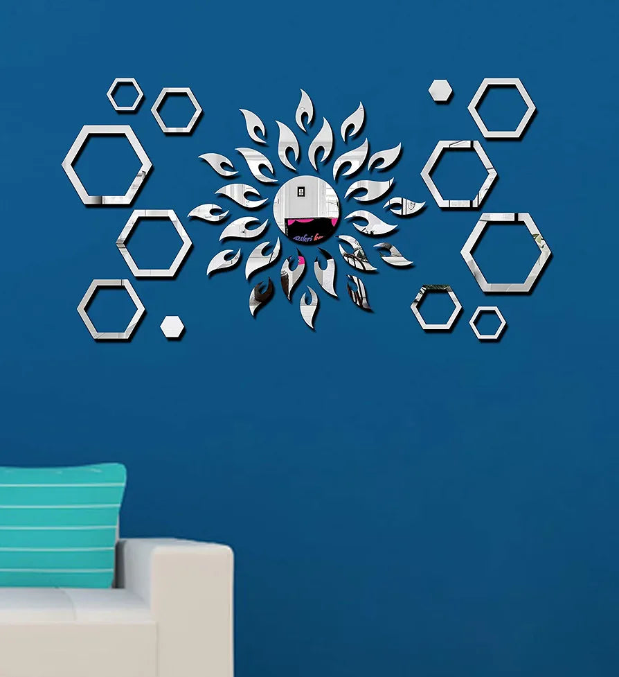 Bikri Kendra - Art BK71, Sun with Hexagon Ring 2 Set - 3D Acrylic Mirror Stickers for Wall 