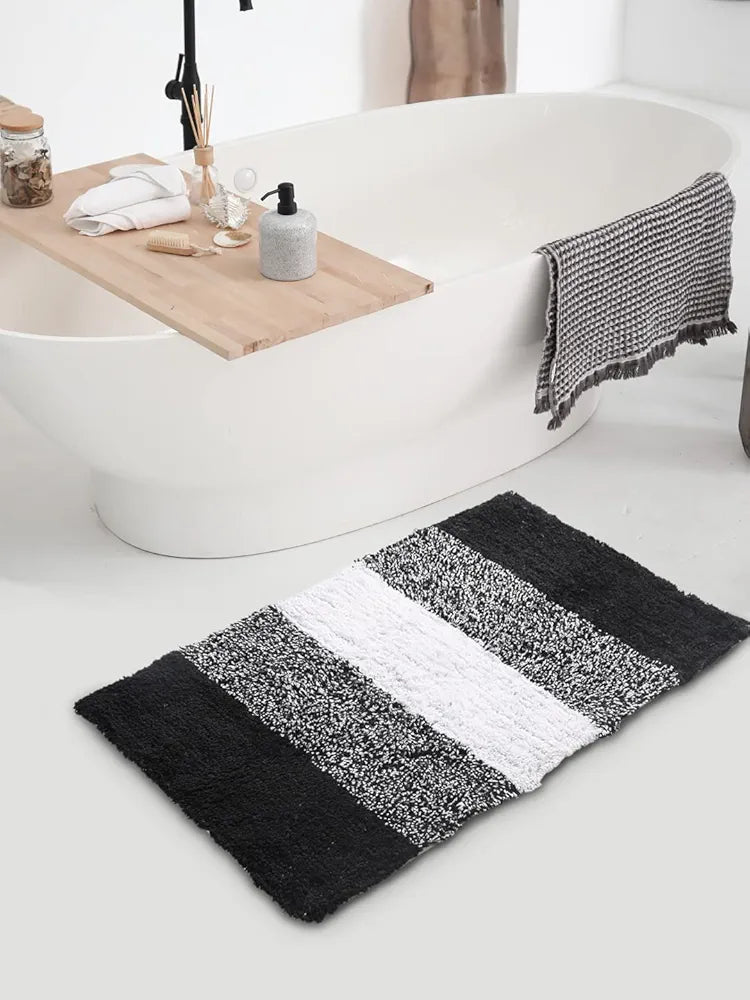 SASHAA WORLD Striped Black/White Bath Mat | Tufted Weave, Ultra-Soft & Absorbent with Anti-Skid Latex Backing, Ideal for Bedroom, Hotels, Feet-Spa Club & Bathroom, Durable & Easy to Clean | 50x80 cm