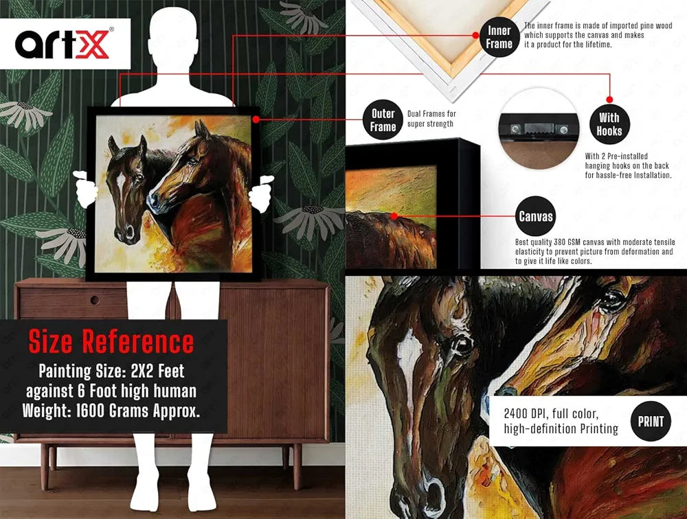 ArtX Two Horse Big Canvas Painting For Bedroom and Living Room With Frame, Multicolour, Square, 24.0 x 24.0 inch, 2x2 Feet, Set Of 1