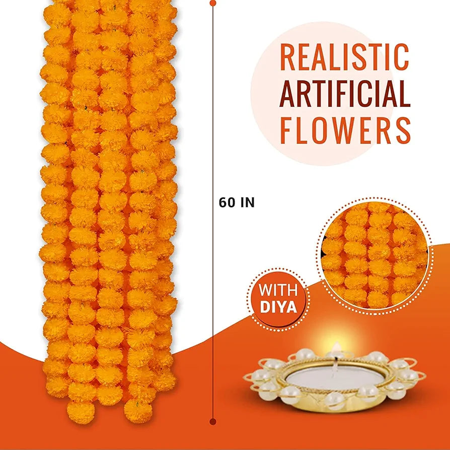 HOME BUY Artificial Marigold Flowers For Decoration Garland For Navratri,Ganpati, Diwali & Festivals Home Decoration Item | 5 Feet Long 5 Pcs , 152.40 CM