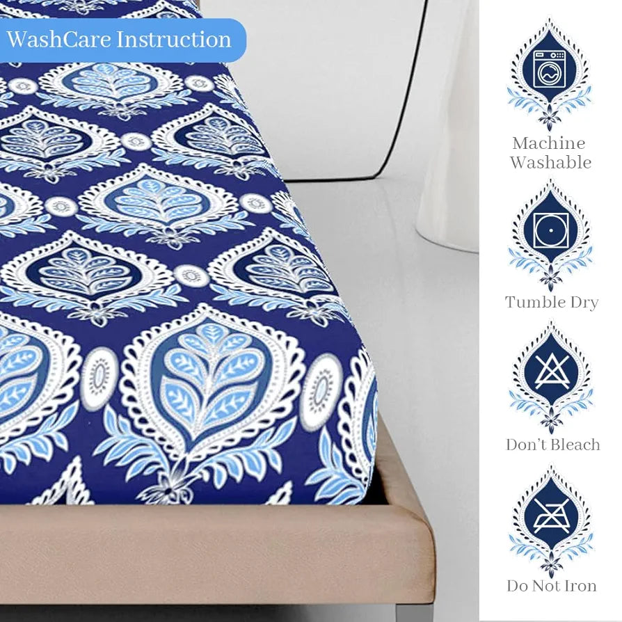 Divine Casa Cotton 100% Cotton Elastic Fitted Printed Queen Size Double Bed Bedsheet with 2 Pillow Cover
