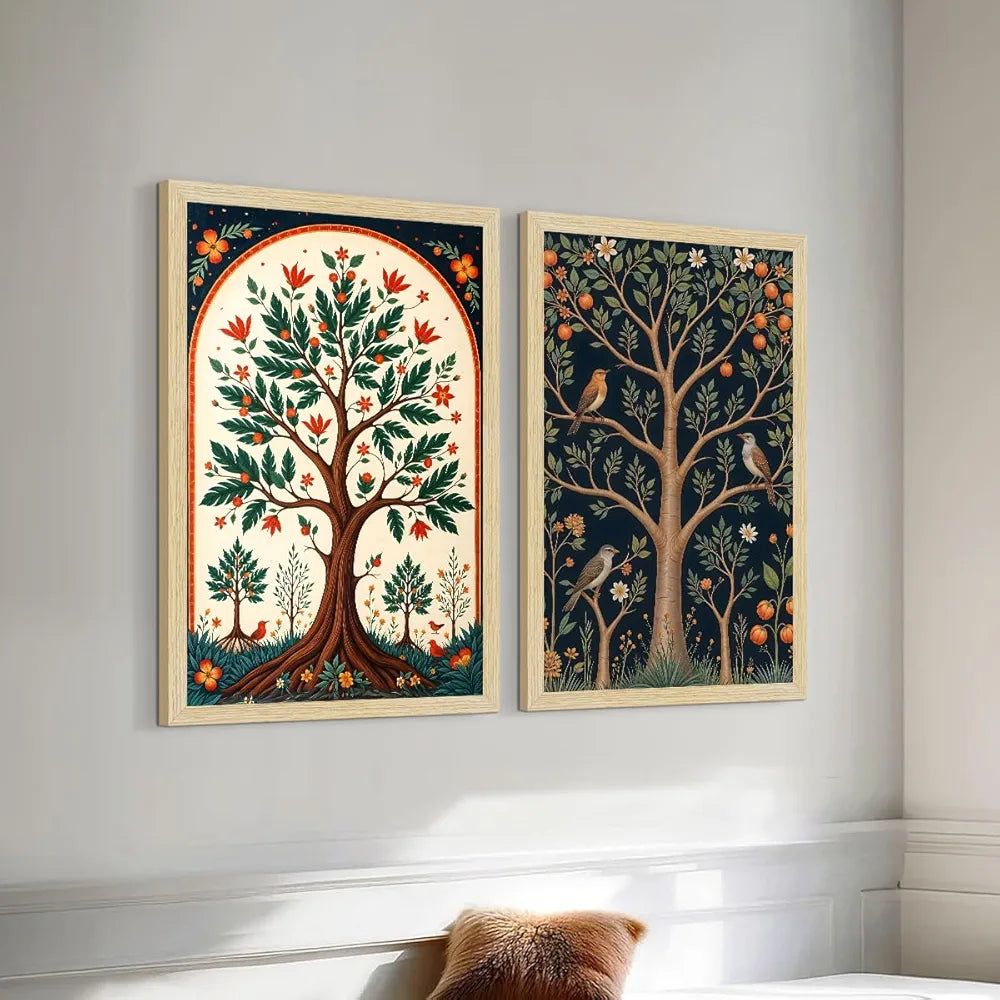 ArtX Paper Madhubani Floral Art Paintings with Frame for Home Decor, Wall Paintings for Living Room, Multicolor, Natural Wood Color Frames, Set of 2