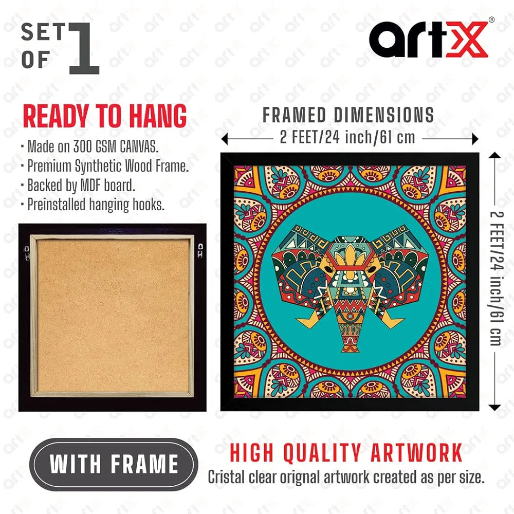 ArtX Elephant Mandala Vector Big Canvas Painting For Bedroom and Living Room With Frame, Multicolour, Square, 24.0 x 24.0 inch, 2x2 Feet, Set Of 1