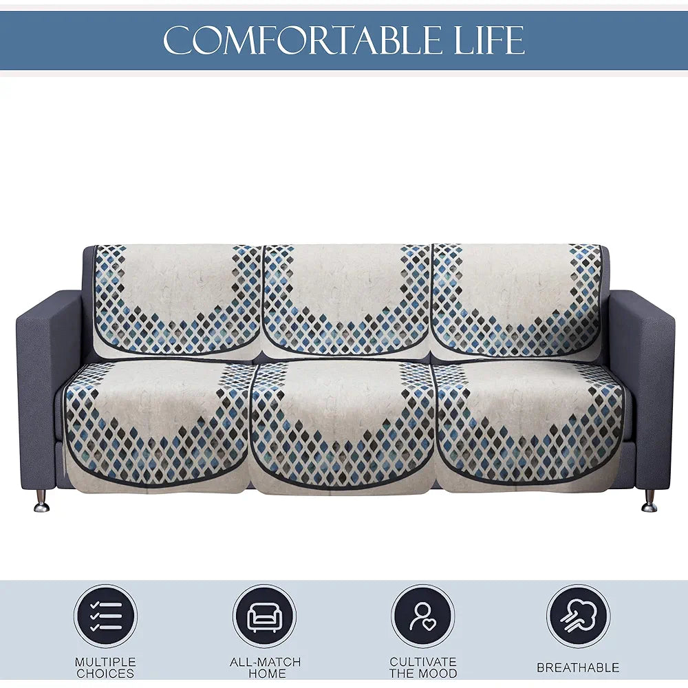 Kuber Industries Set of 6 Velvet 3 Seater Sofa Covers for Living Room | Easy Machine Washable Sofe ke cover for Home Comfort | Dot Border - Grey & Blue