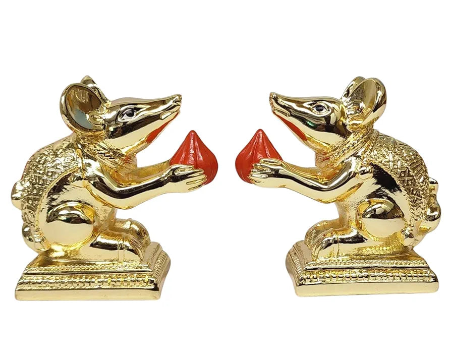 Gold Art India Gold-Plated Mushak  Mouse Pair with Modak | Orange Terracotta Finish | Mouse Idol | Vehicle  of Lord Ganesha | 2.5 Inch Height | Mandir 