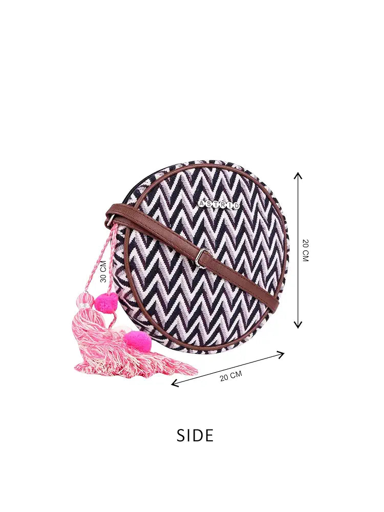 ASTRID Women's Cotton Round Sling Bag with Pompom Tassels 