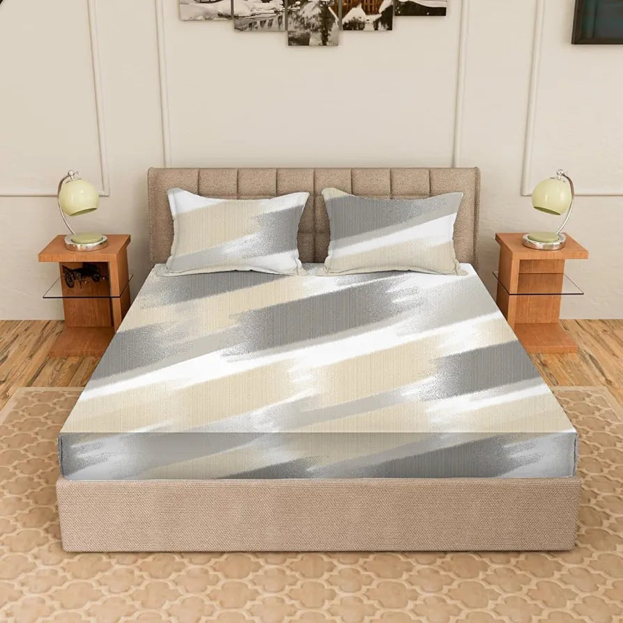 Trance Home Linen Skin Friendly 100% Cotton Printed Fitted Bedsheet for Queen Size Bed with 2 Pillow Cover - Premium 180TC 