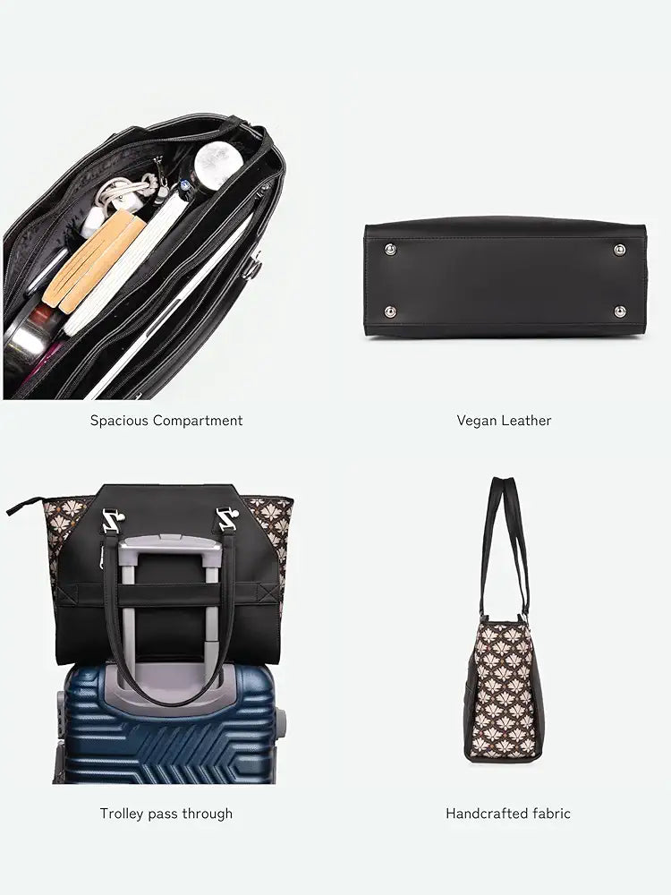 ZOUK Printed Jute Handcrafted Vegan Leather Black Women's Check-point Friendly Classic Business Bag