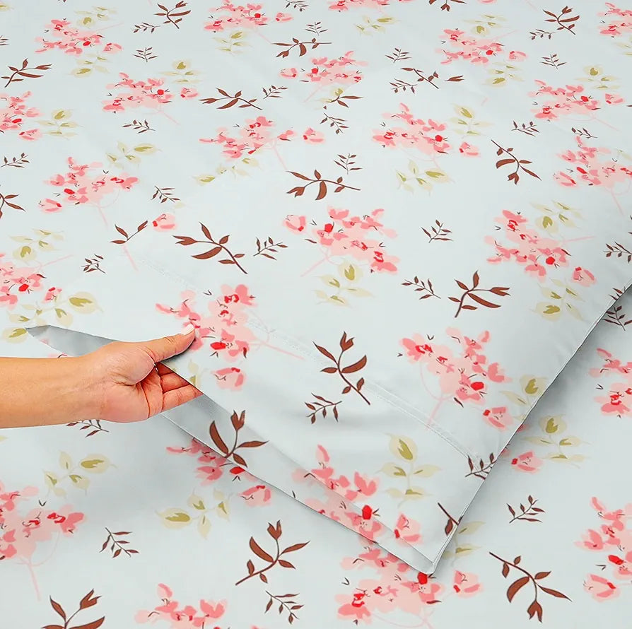 Premium Cotton Elastic Fitted Bedsheets with 2 King Size Pillow Covers Double Bed with All Around Elastic Supersoft Size - 72 x 78 +10 inches Flower Print Sky Blue and Pink 200 tc - 220 tc