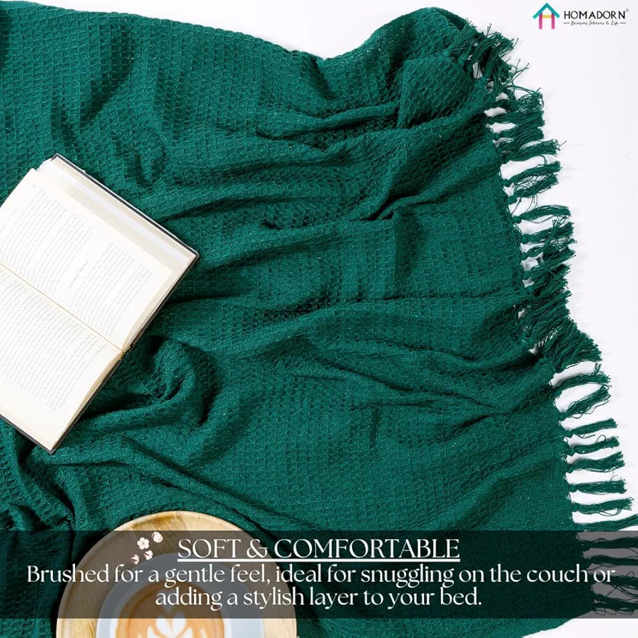 HOMADORN Waffle Weave Cotton Throw Blanket – Lightweight, Breathable & Cozy for Sofa or Bed  Bottle Green