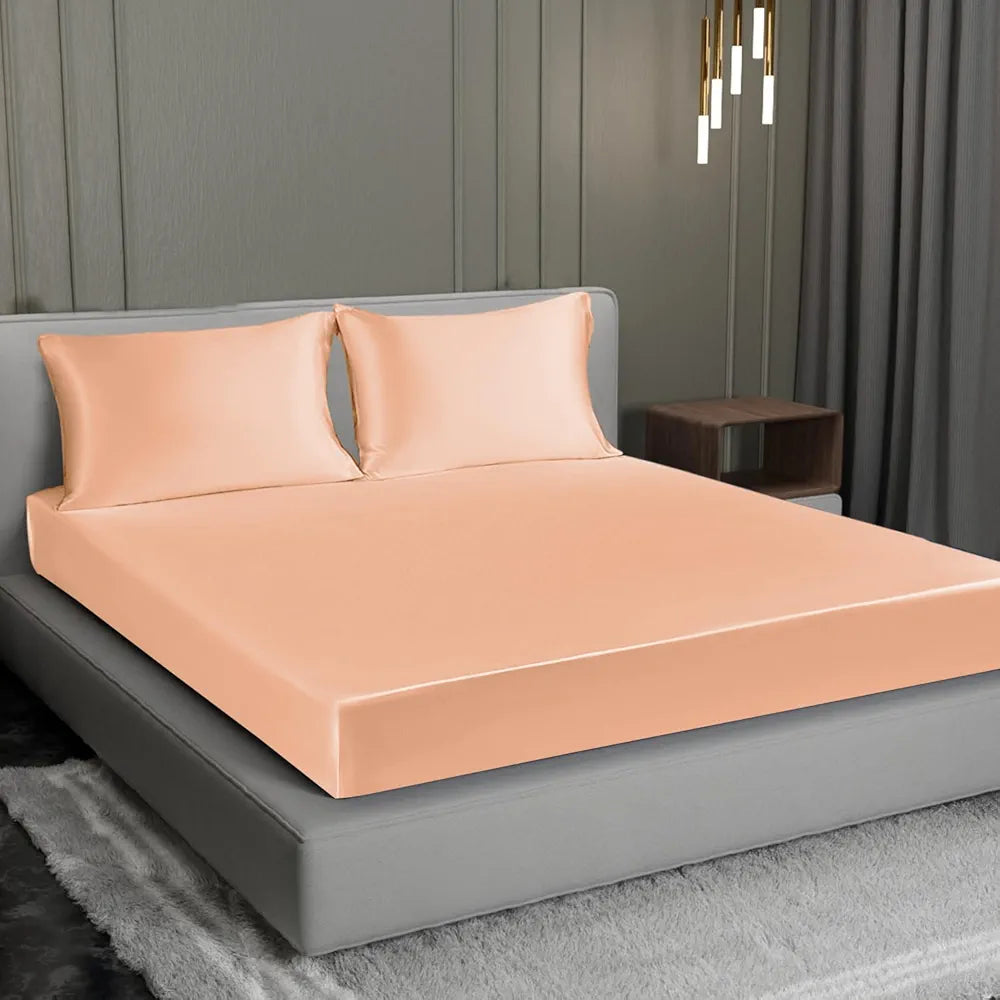 Cloth Fusion Satin Elastic Fitted Bedsheet for Double Bed King Size, Luxury Elastic Bedsheets for King Size Bed with 2 Pillow Covers | H603 | 280 TC