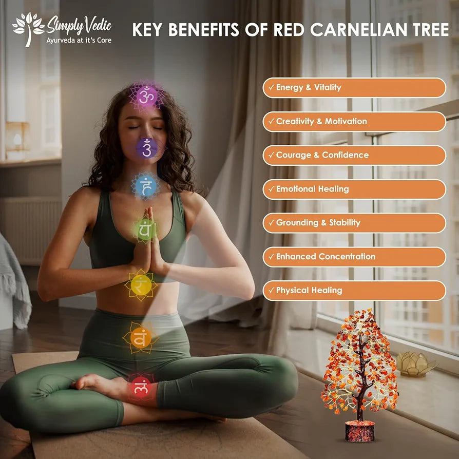 Simply Vedic Chakra Red Carnelian Crystal Tree|for Positive Energy,Good Luck|Natural Healing Gemstones Moneytree Feng Shui,Spiritual Gift,Home Decor|Handmade by Traditional Artist,8 cm,26 Cm