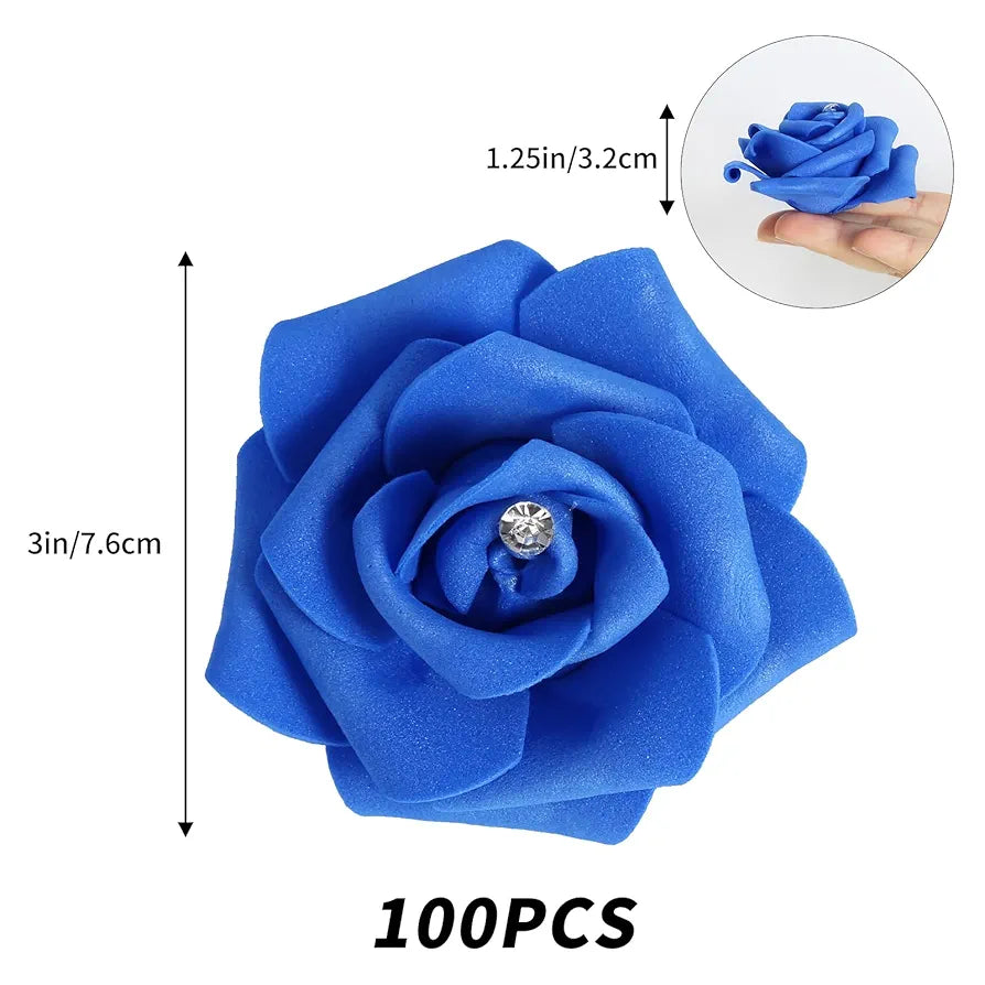 IPOPU 100pcs Royal Blue Artificial Rose Heads with Crystal 3in Real Looking Foam Fake Roses for DIY Craft Wedding Bouquets Wall Decoration Bridal Shower Arrangement Home Decorations